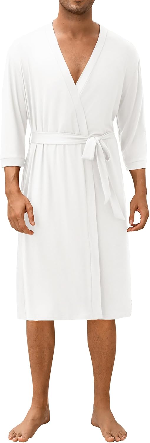 Men's Lightweight Kimono Spa Robe Knit Bathrobe Soft Sleepwear 3/4 Sleeve Loungewear with Pockets