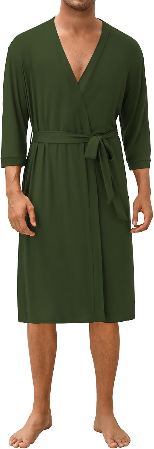 Men's Lightweight Kimono Spa Robe Knit Bathrobe Soft Sleepwear 3/4 Sleeve Loungewear with Pockets