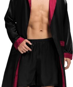 Men's Satin Robe with Shorts Set Silky Kimono Bathrobe Lightweight Soft Sleepwear