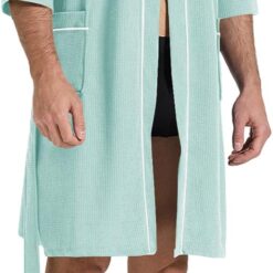 Alternative view of Men's  Knit Robe for Summer, Short Lightweight Bathrobe with Pockets and Kimono, 3/4 Sleeves Loungewear for Spa