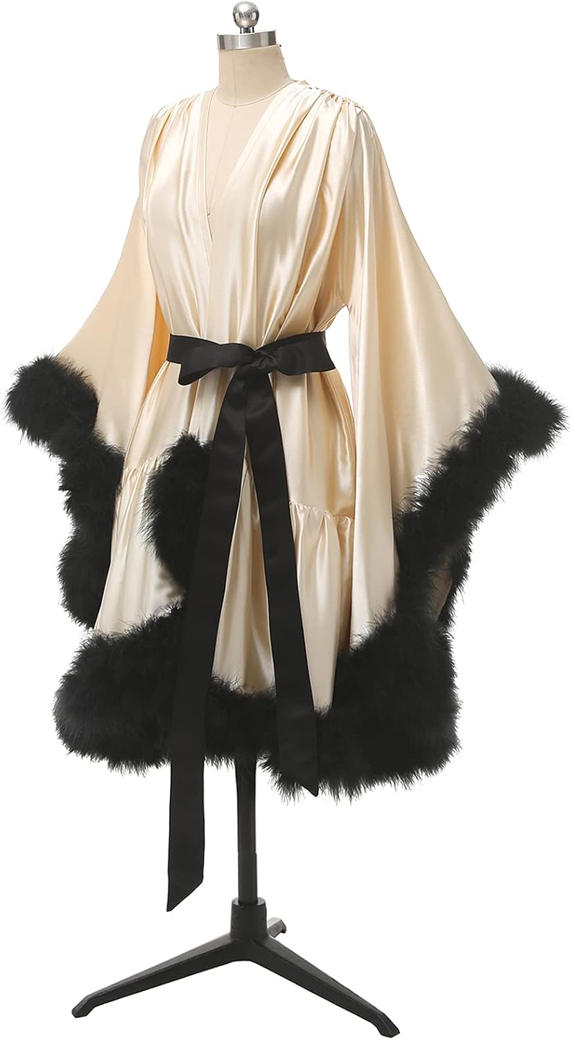 Women's Feather-Trimmed Robe: Silky Satin Bridal Robe, Short Robe/Nightgown & Maternity Photoshoot Robe - Image 2