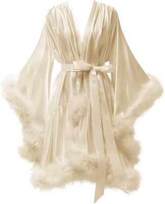 Women's Feather-Trimmed Robe: Silky Satin Bridal Robe, Short Robe/Nightgown & Maternity Photoshoot Robe