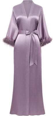 Long Silky Satin Kimono-Style Robe (Ostrich Feather Trim; Suitable for Weddings/Bridesmaids)