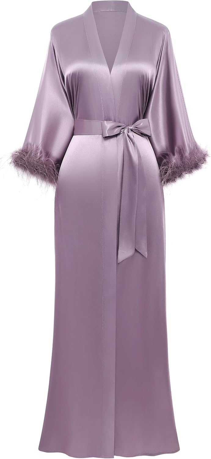 Long Silky Satin Kimono-Style Robe (Ostrich Feather Trim; Suitable for Weddings/Bridesmaids)