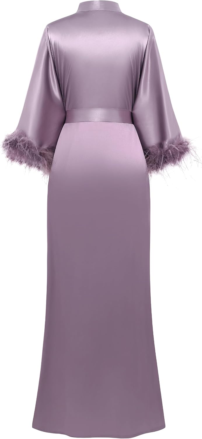 Long Silky Satin Kimono-Style Robe (Ostrich Feather Trim; Suitable for Weddings/Bridesmaids) - Image 2
