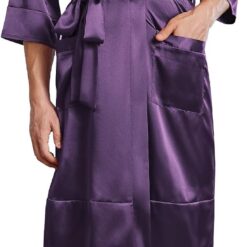 Mens Satin Robe Lightweight Silky Kimono Bathrobe 3/4 Sleeve Spa Knee Length Loungewear with Pockets S-3XL