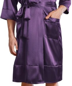 Mens Satin Robe Lightweight Silky Kimono Bathrobe 3/4 Sleeve Spa Knee Length Loungewear with Pockets S-3XL