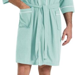 Men's  Knit Robe for Summer, Short Lightweight Bathrobe with Pockets and Kimono, 3/4 Sleeves Loungewear for Spa