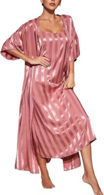 Women's 2-Piece Robe and Nightgown Set (Striped Satin Long Nightgown and Robe; Soft, Silky Summer Loungewear/Lingerie)
