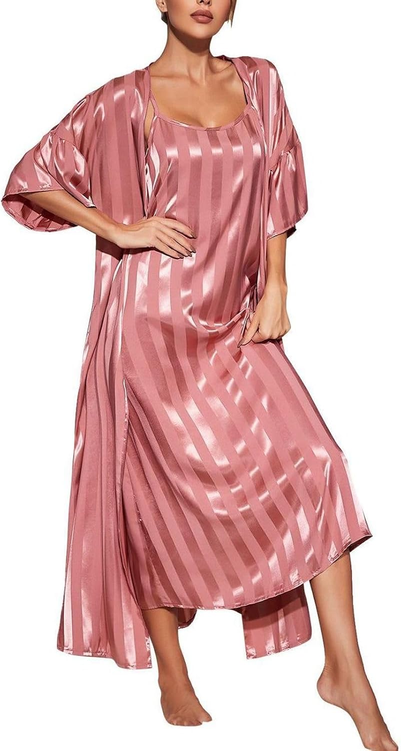 Women's 2-Piece Robe and Nightgown Set (Striped Satin Long Nightgown and Robe; Soft, Silky Summer Loungewear/Lingerie)