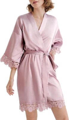 Women's Short Satin & Lace Kimono-Style Robe (Printed; Suitable for Bridesmaids/Wedding Parties)