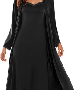 Women's Sexy 2-Piece Sleepwear Set: Long Lace-Trimmed Knit Nightgown and Lightweight Robe