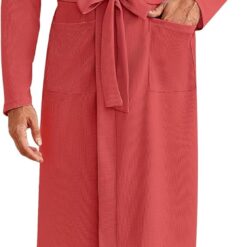 Mens Waffle Robe Lightweight Spa Bathrobe Knit Kimono Shower Robes V Neck Long Sleeve Sleepwear with Pockets