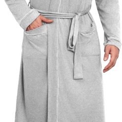 Mens Robes Lightweight Knit Bathrobe Long Sleeve Kimono Robe V Neck Spa Knee Length Sleepwear with Pockets