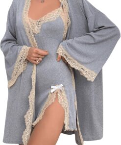 Women's 2-Piece Robe Set (Lace-Trimmed Camisole Nightgown + Long-Sleeve Kimono Robe)