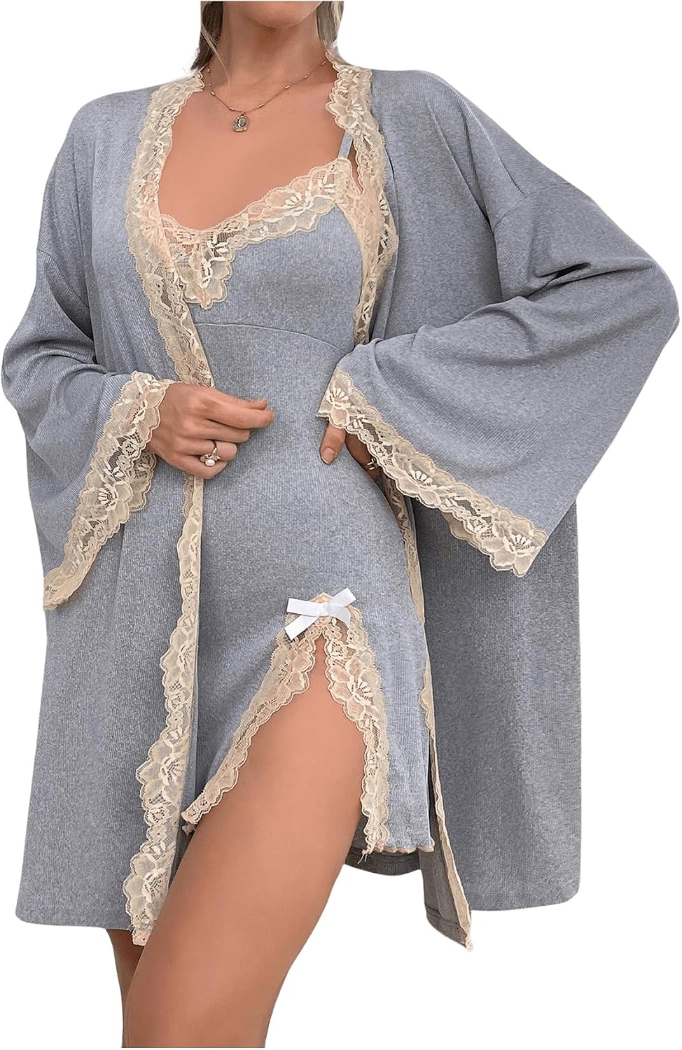 Women's 2-Piece Robe Set (Lace-Trimmed Camisole Nightgown + Long-Sleeve Kimono Robe)