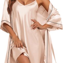 Women's Silky-Feel Robe Set: V-Neck Satin Robe (3/4 Sleeves) and Sexy Camisole Nightgown