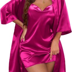 Women's Satin Robe & Nightgown Set: Silky Two-Piece Sleepwear & Cowl-Neck Camisole Nightgown