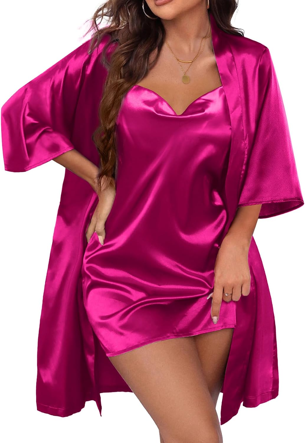 Women's Satin Robe & Nightgown Set: Silky Two-Piece Sleepwear & Cowl-Neck Camisole Nightgown