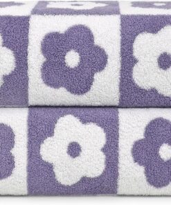 2-Pieces Luxury Bath Towels Checkered Floral, Purple Towels for Women Girls Shower Body 27.5x55 Inches, Cute Bathroom Decor, Cotton