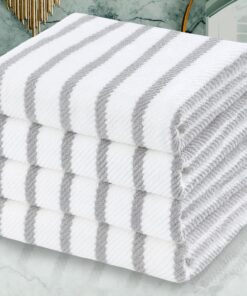 Grey & White Striped Bath Towel Set (4-Piece) | Large Size (30" x 56") | Pure Cotton | Hotel-Grade Quality | Lightweight | Thick & Plush | Soft | Highly Absorbent | Striped Bathroom Towels | Quick-Drying Shower Towels