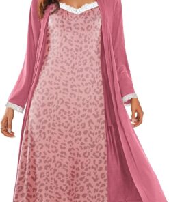 Women's Sexy Two-Piece Sleepwear Set: Long Lace-Trimmed Knit Nightgown & Lightweight Robe