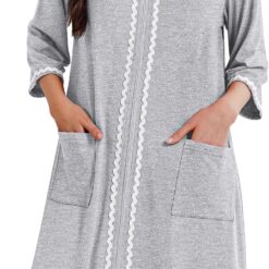 Women's Zippered Robe: Lightweight Long Loungewear Robe with 3/4 Sleeves