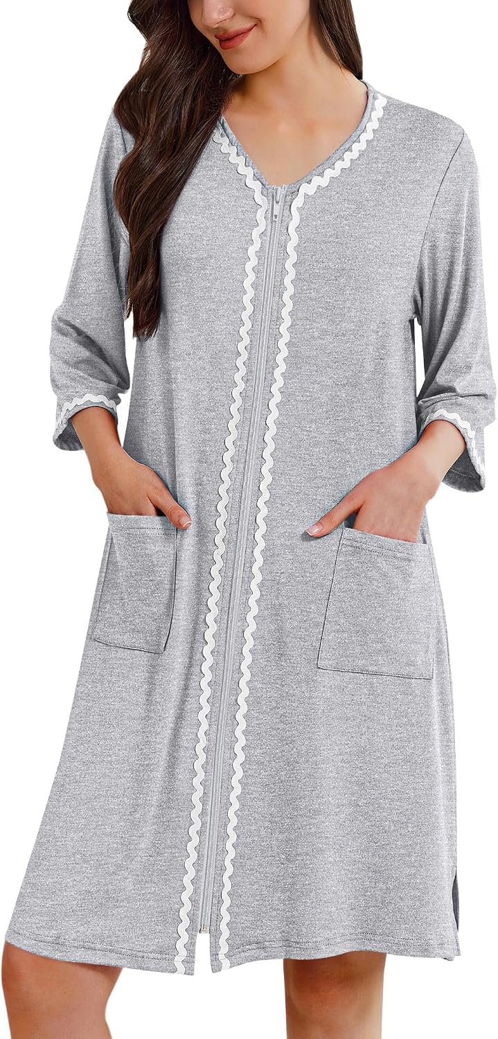 Women's Zippered Robe: Lightweight Long Loungewear Robe with 3/4 Sleeves