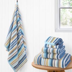 Blue-gray and beige striped combination towel 6-piece set
