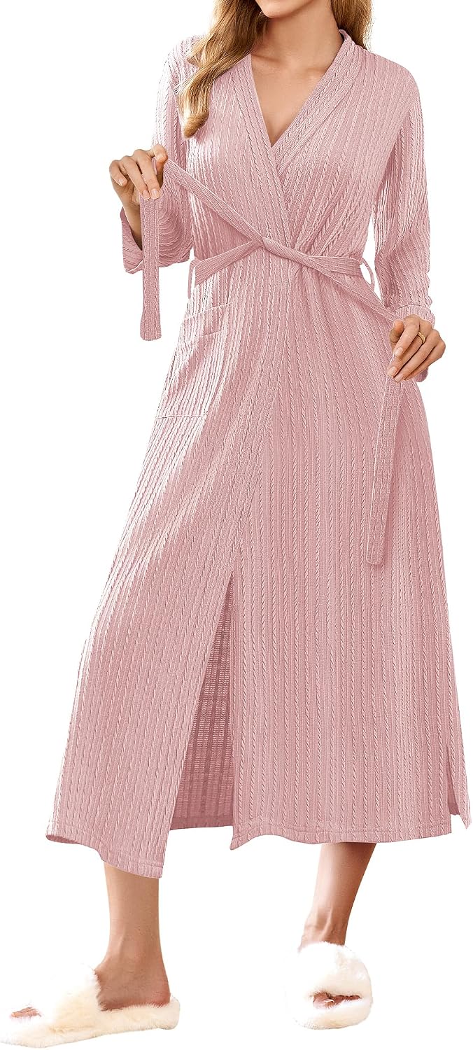 Women's Knit Robe: Lightweight Long Kimono-Style Spa Robe with Pockets – Soft Loungewear