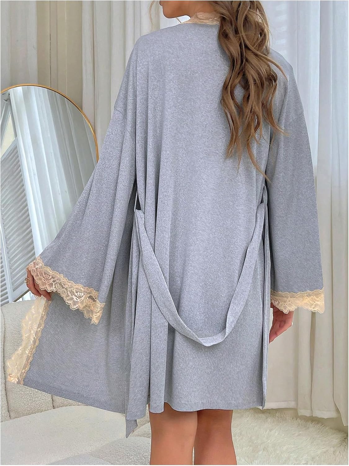 Women's 2-Piece Robe Set (Lace-Trimmed Camisole Nightgown + Long-Sleeve Kimono Robe) - Image 2